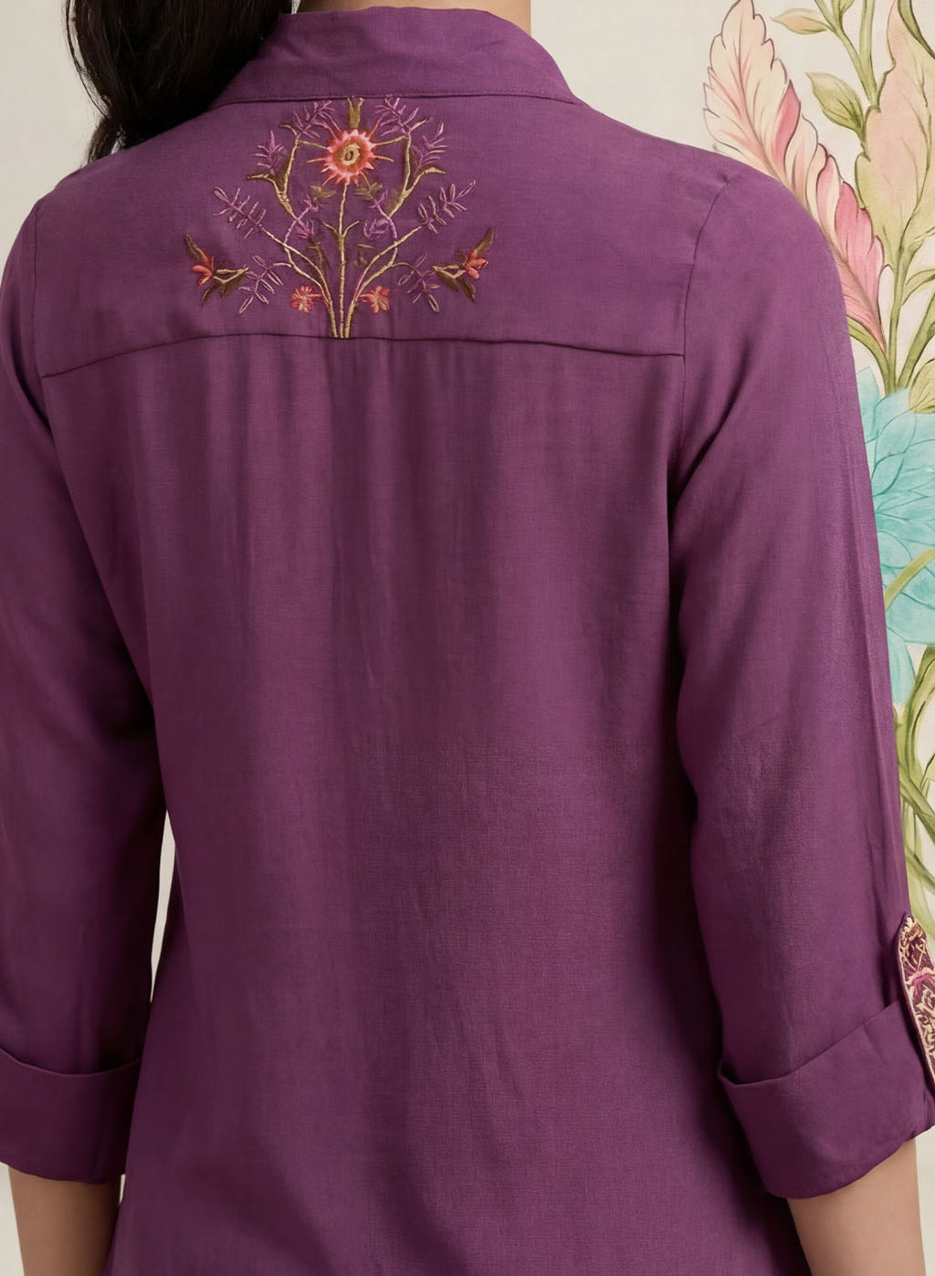 Aaroh Purple Cotton Blend Embroidered Tunic