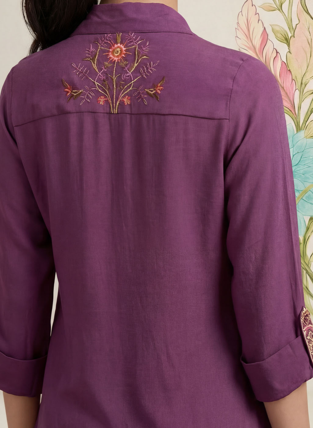 Aaroh Purple Cotton Blend Embroidered Tunic