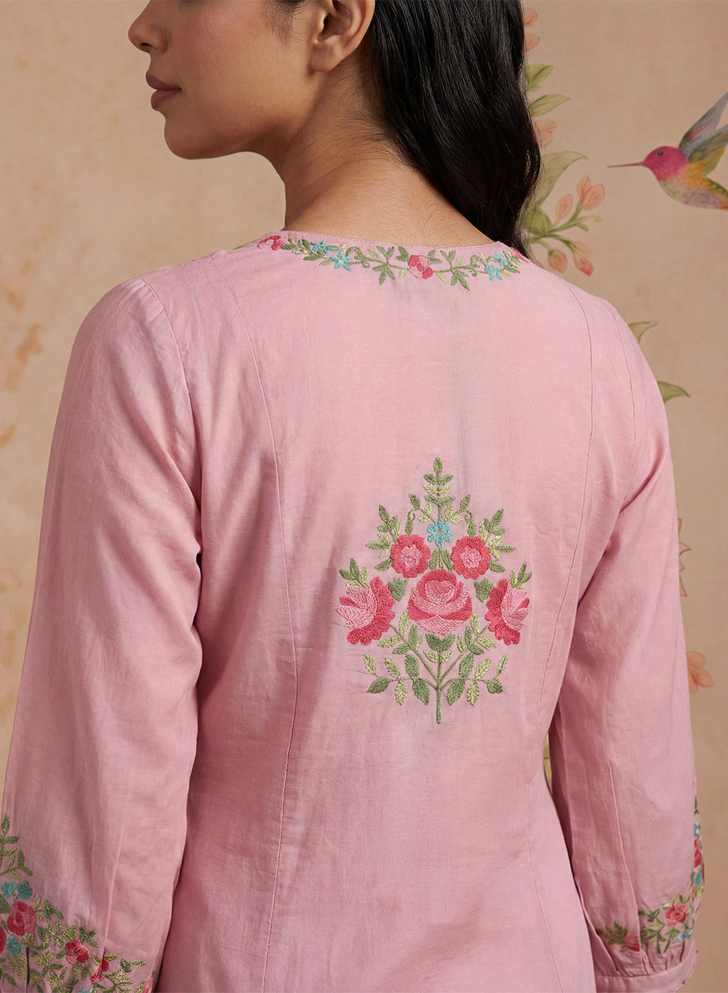 Saavan Pink Embroidered Cotton blend Kurta Set