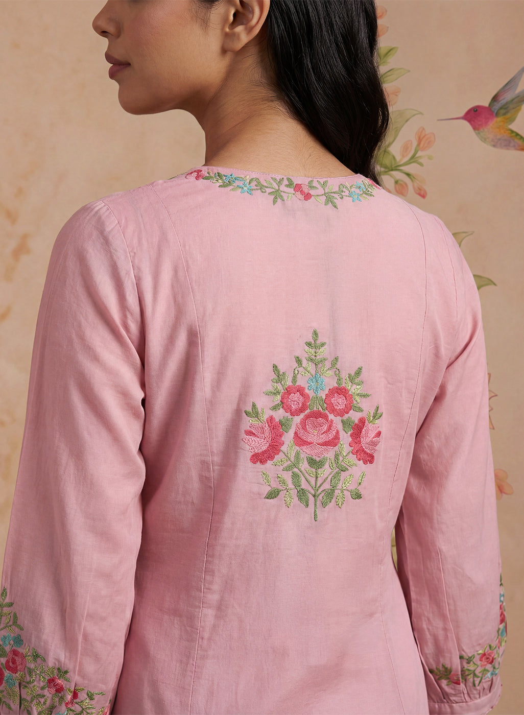 Saavan Pink Embroidered Cotton blend Kurta Set