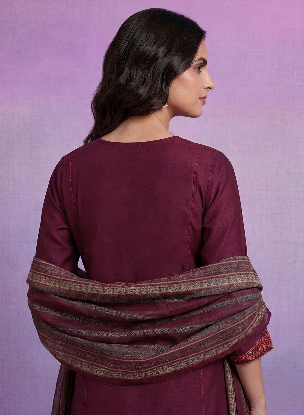 Wine Embroidered Suit Set with Dupatta