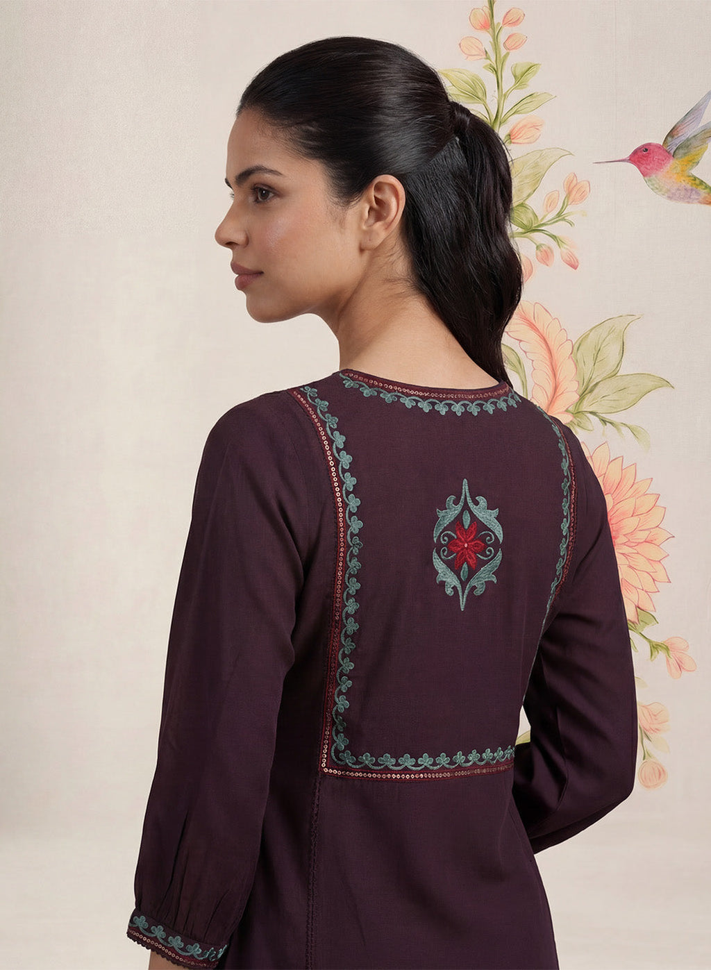 Jugni Wine Embroidered A-line Kurta