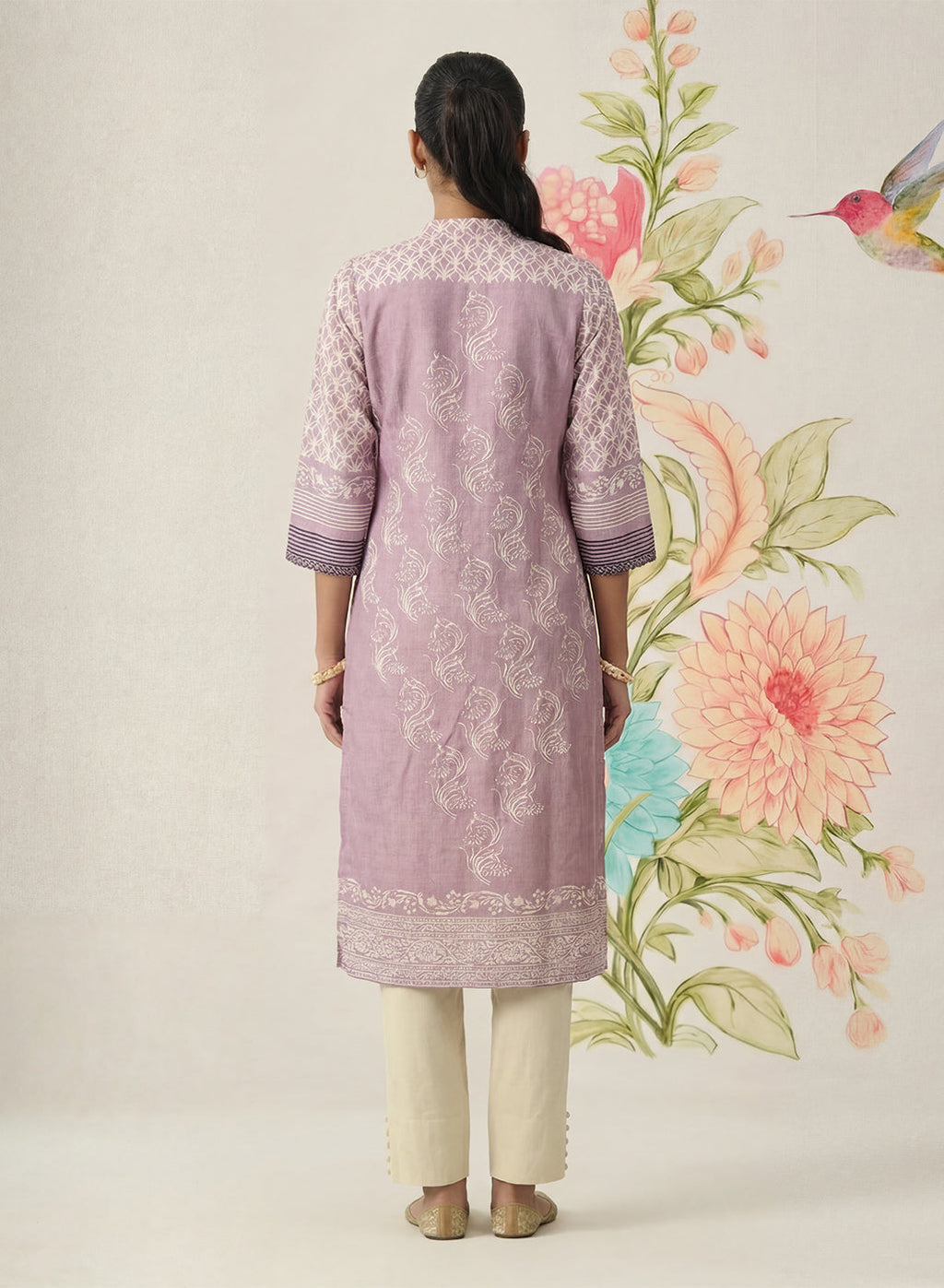 Arpora Lavender Printed Linen Straight Kurta