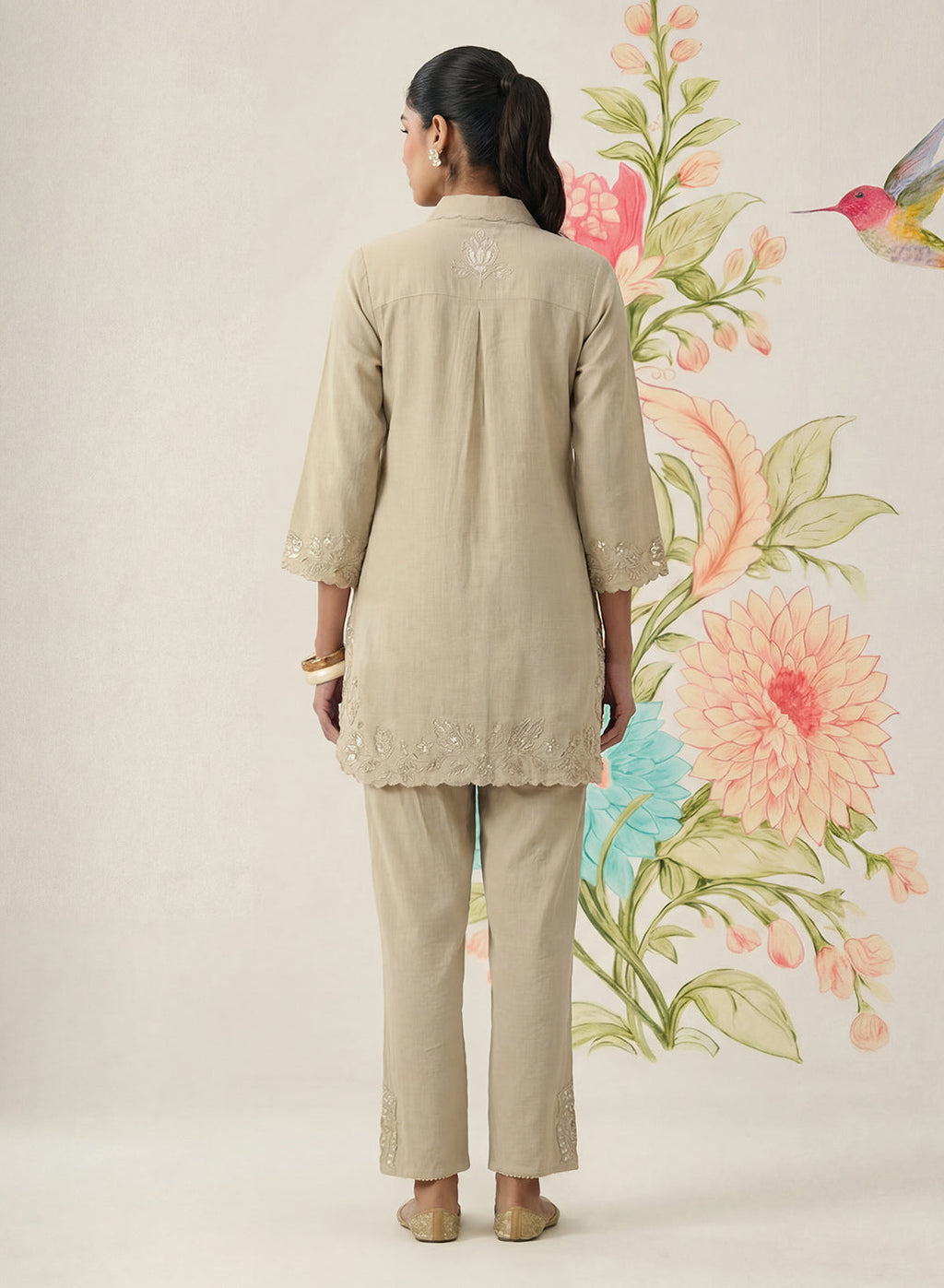 Nayra Beige Embroidered Linen Co-ord Set