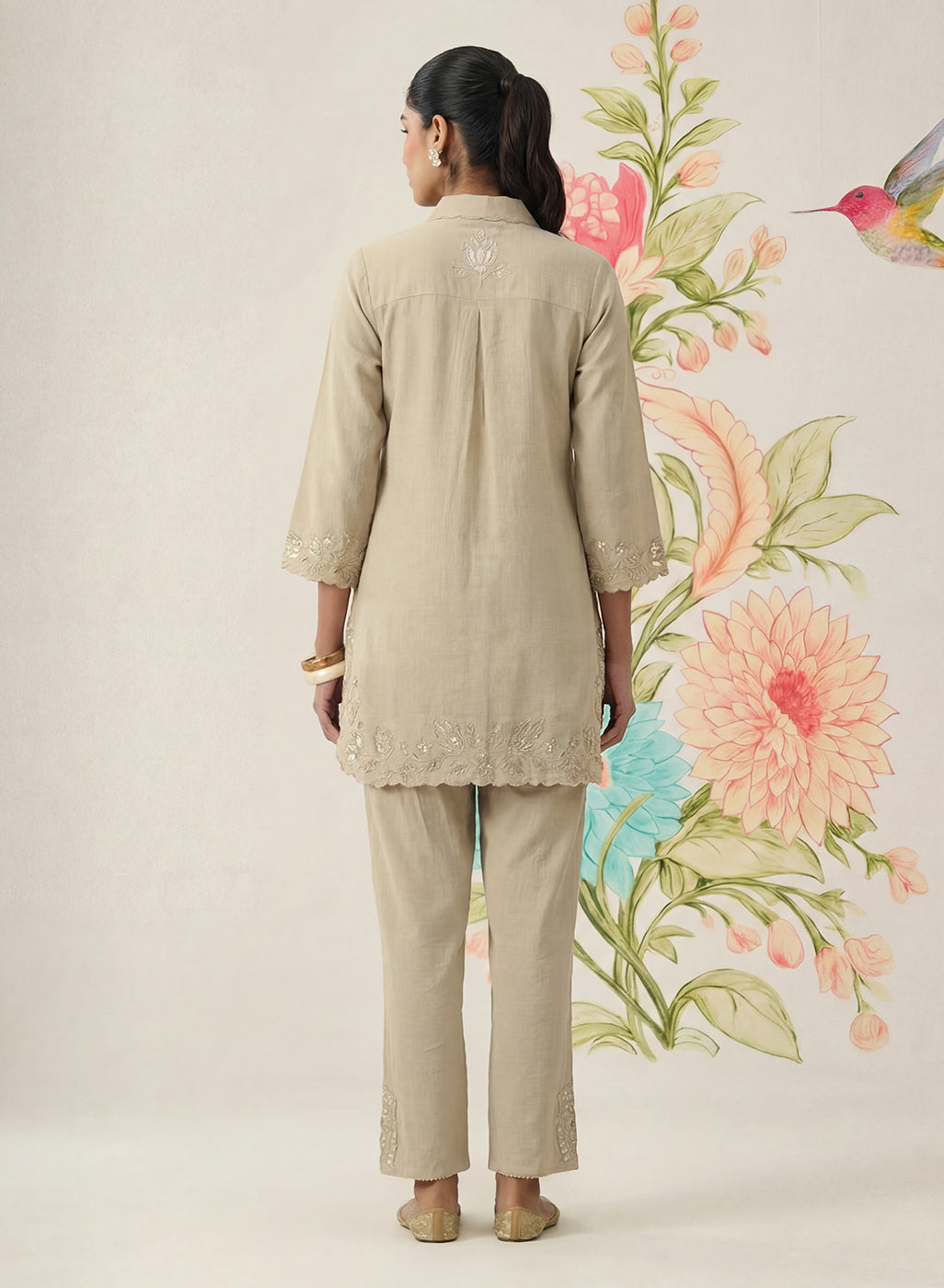 Nayra Beige Embroidered Linen Co-ord Set