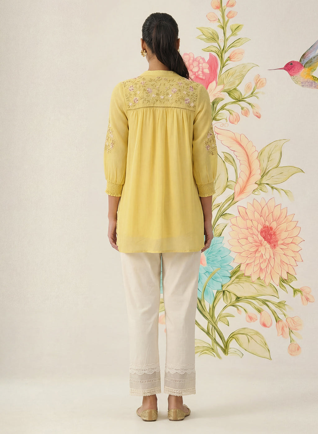 Savera Lemon Yellow Embroidered Chiffon A-line Top