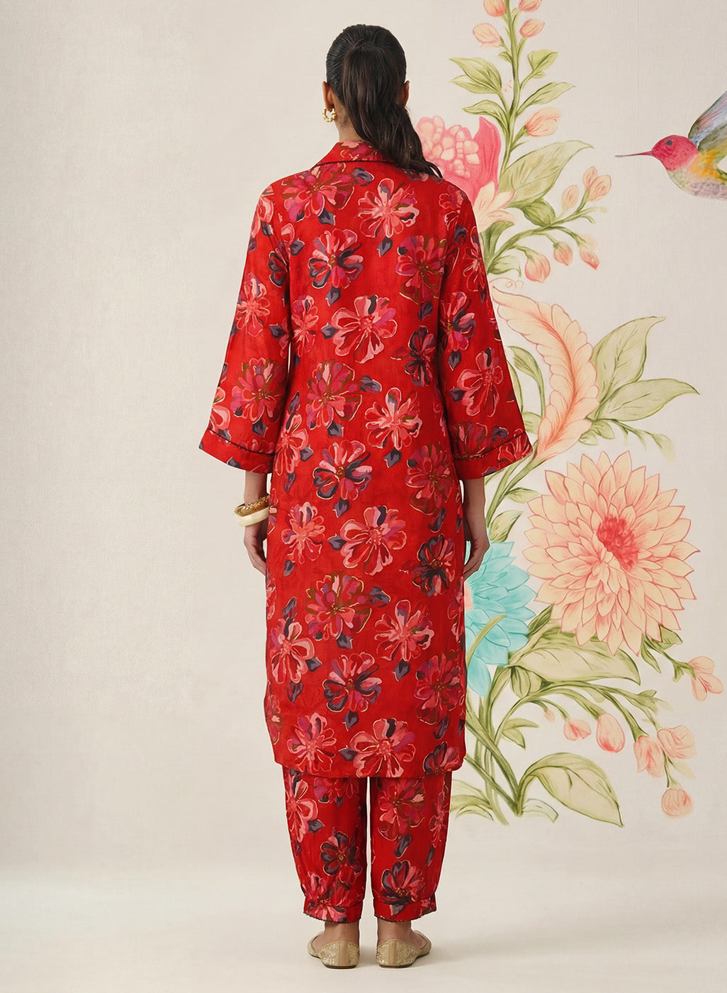 Khumari Red Printed Cotton Blend Co-ord Set