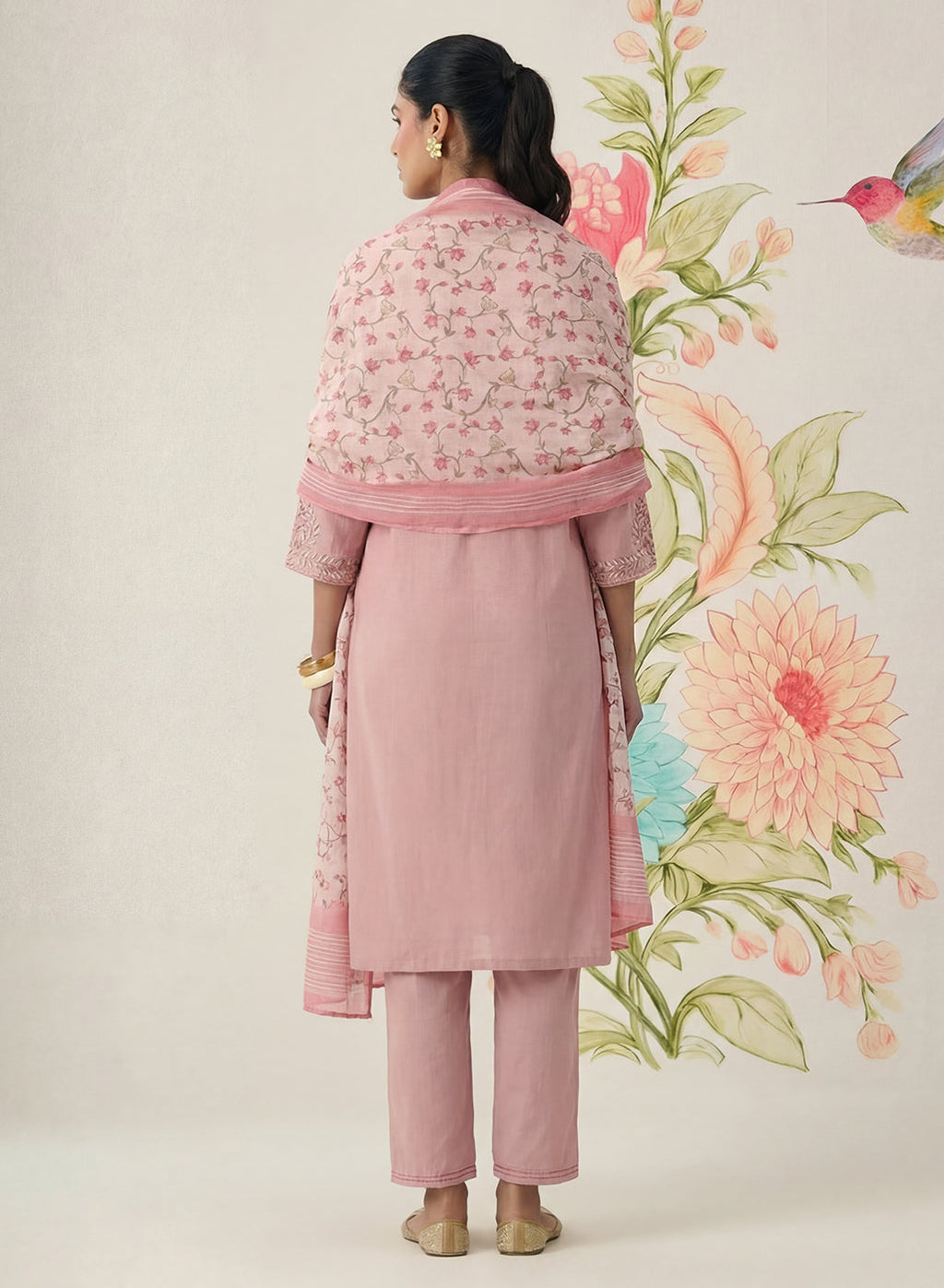 Afsana Pink Cotton Bend Embroidered A-line Suit Set with Dupatta