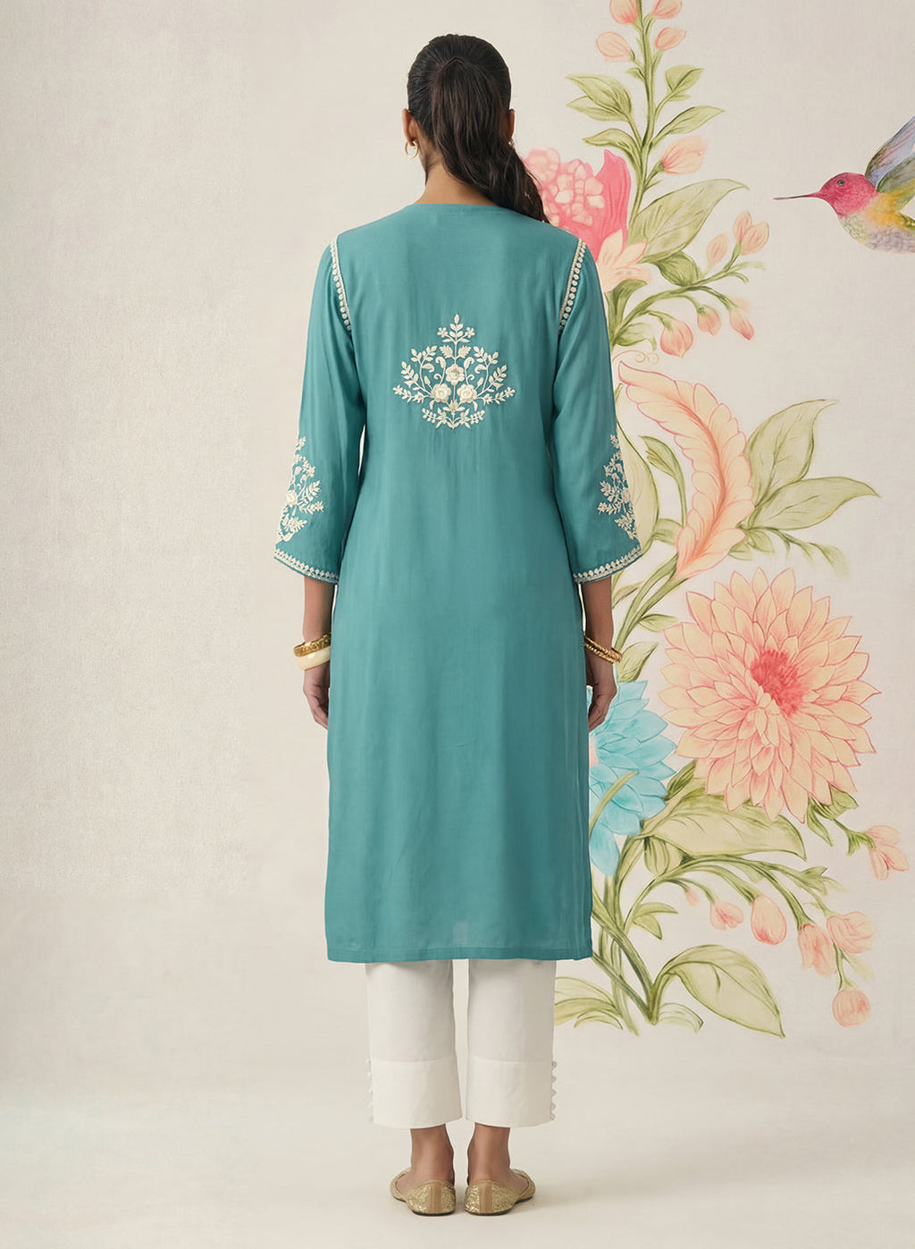 Yashvi Turquoise Cotton Blend Embroidered Kurta