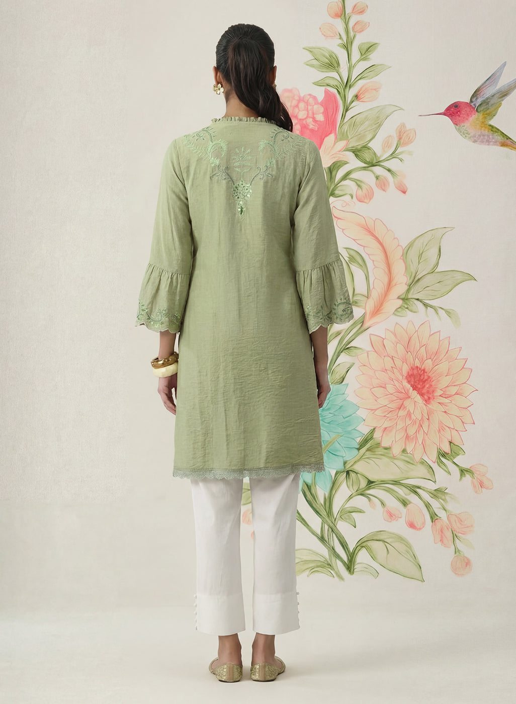 Saaj Light Green Embroidered Cotton Blend Kurta