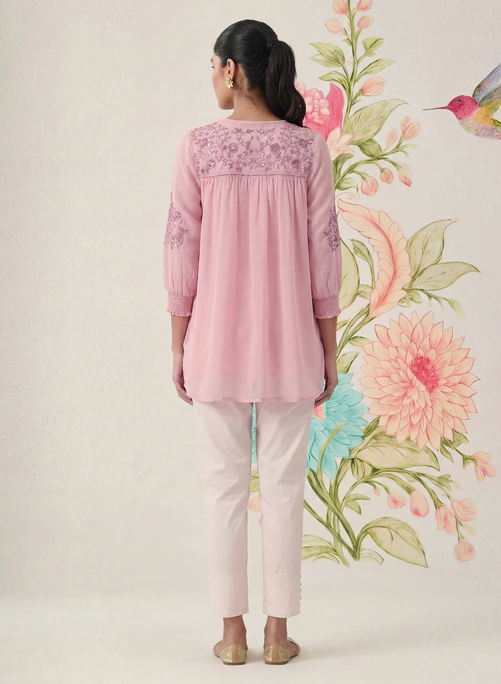 Savera Baby Pink Embroidered Chiffon A-line Top