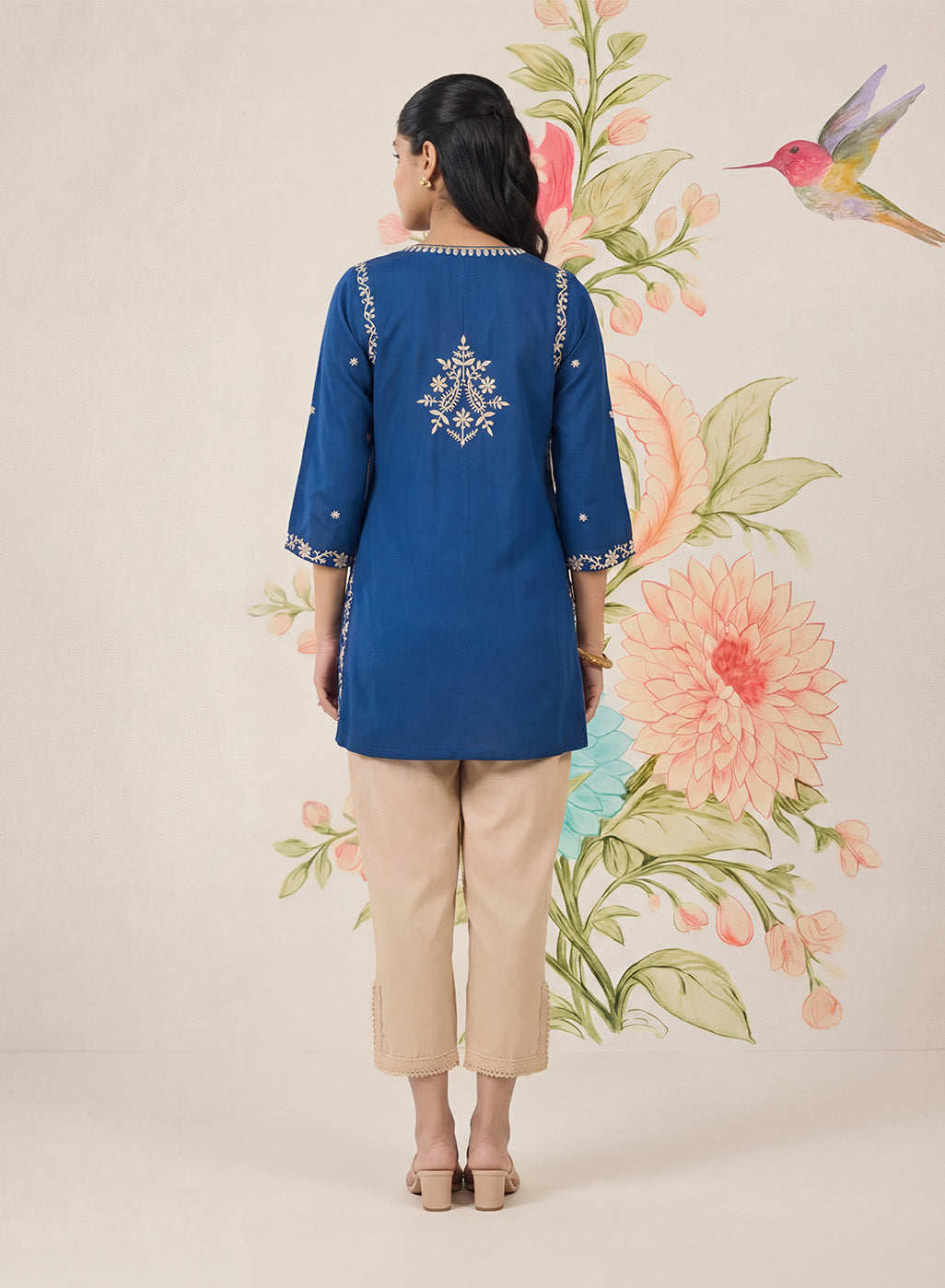Afiya Blue Cotton Blend Embroidered Kurti