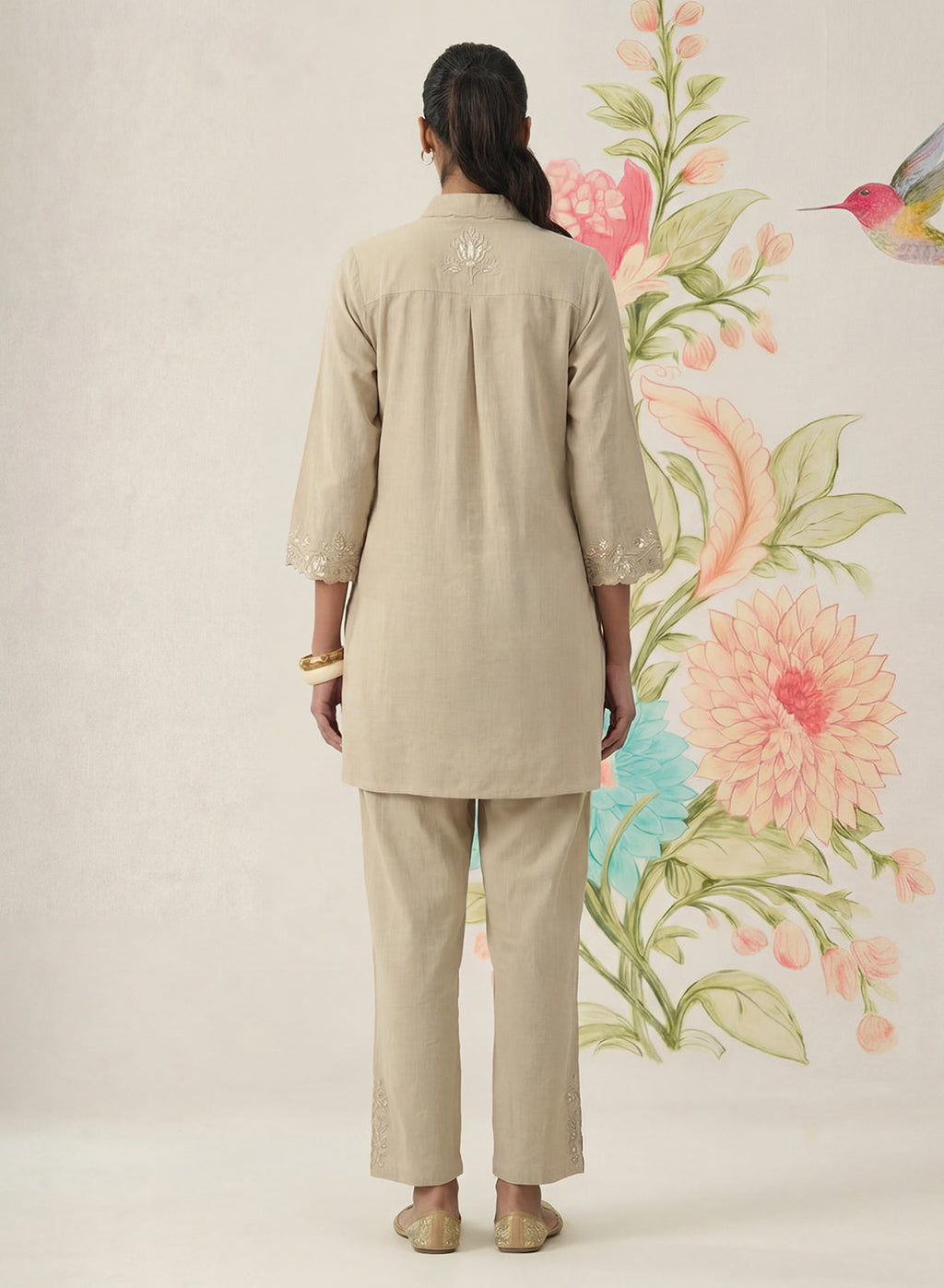 Nayra Beige Embroidered Linen Co-ord Set