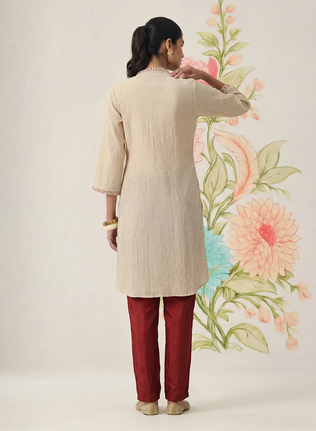 Aviya Beige Cotton Blend Embroidered Straight Kurta