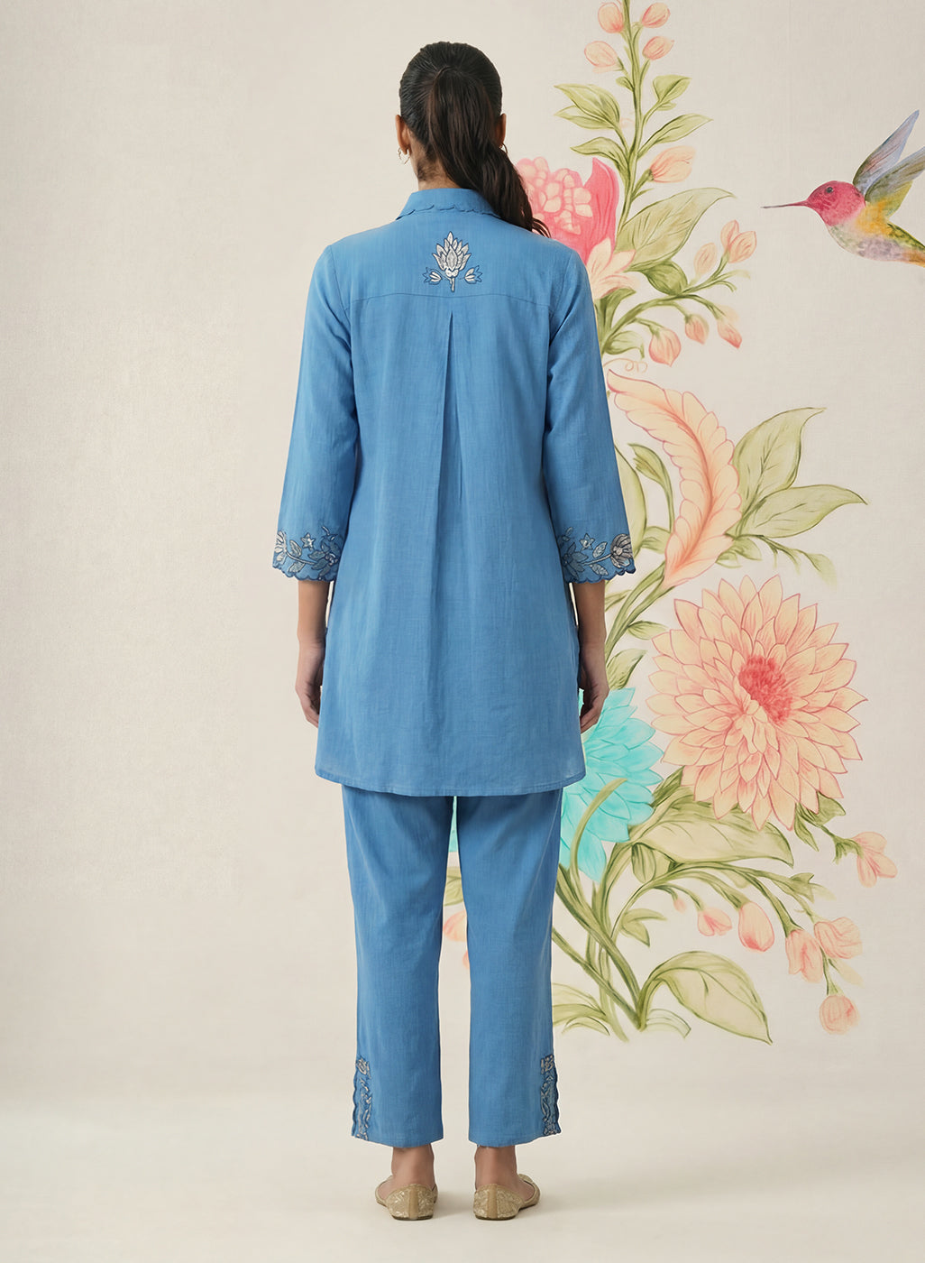 Nayra Blue Embroidered Linen Co-ord Set