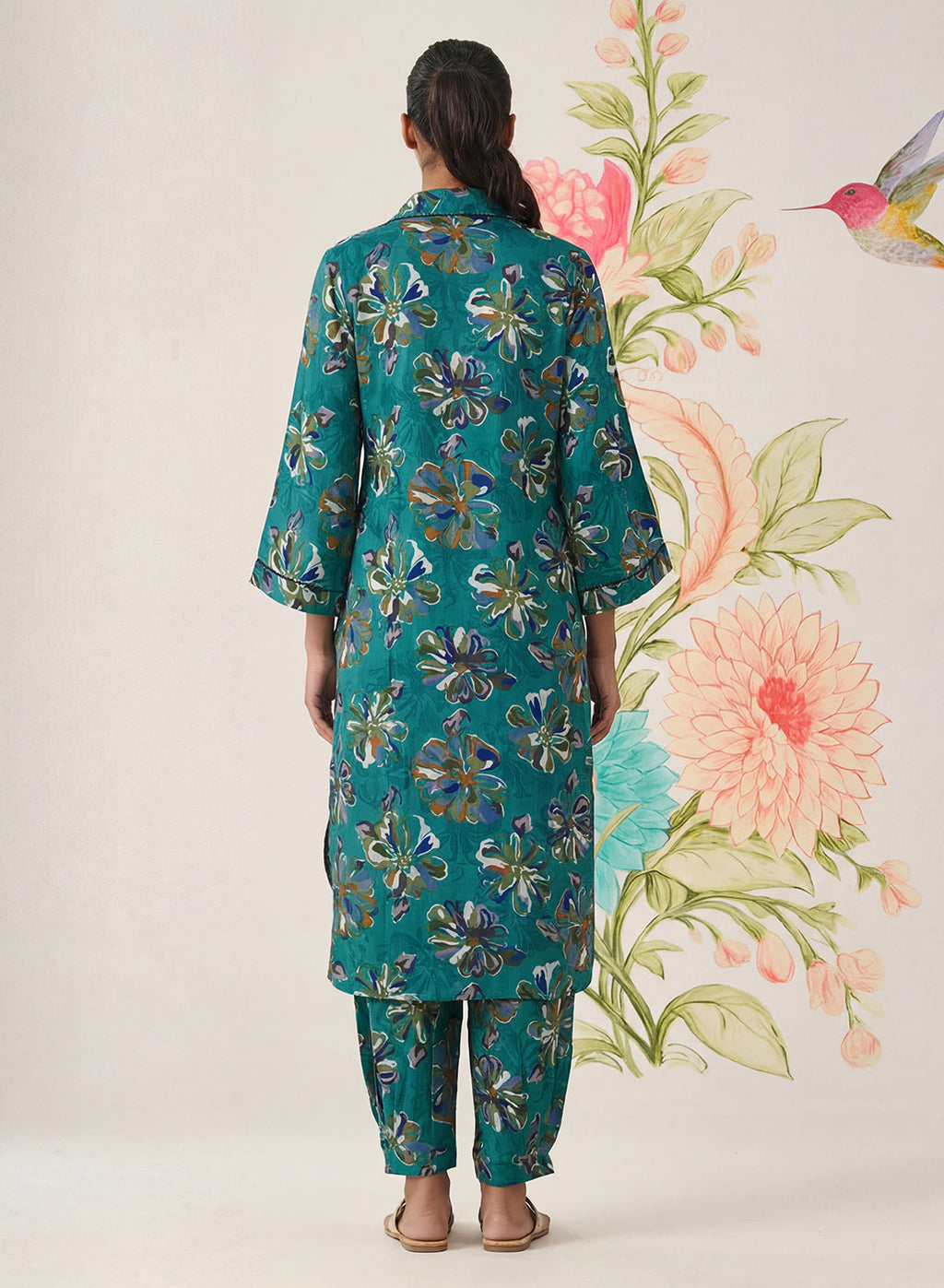 Khumari Teal Printed Cotton Blend Co-ord Set
