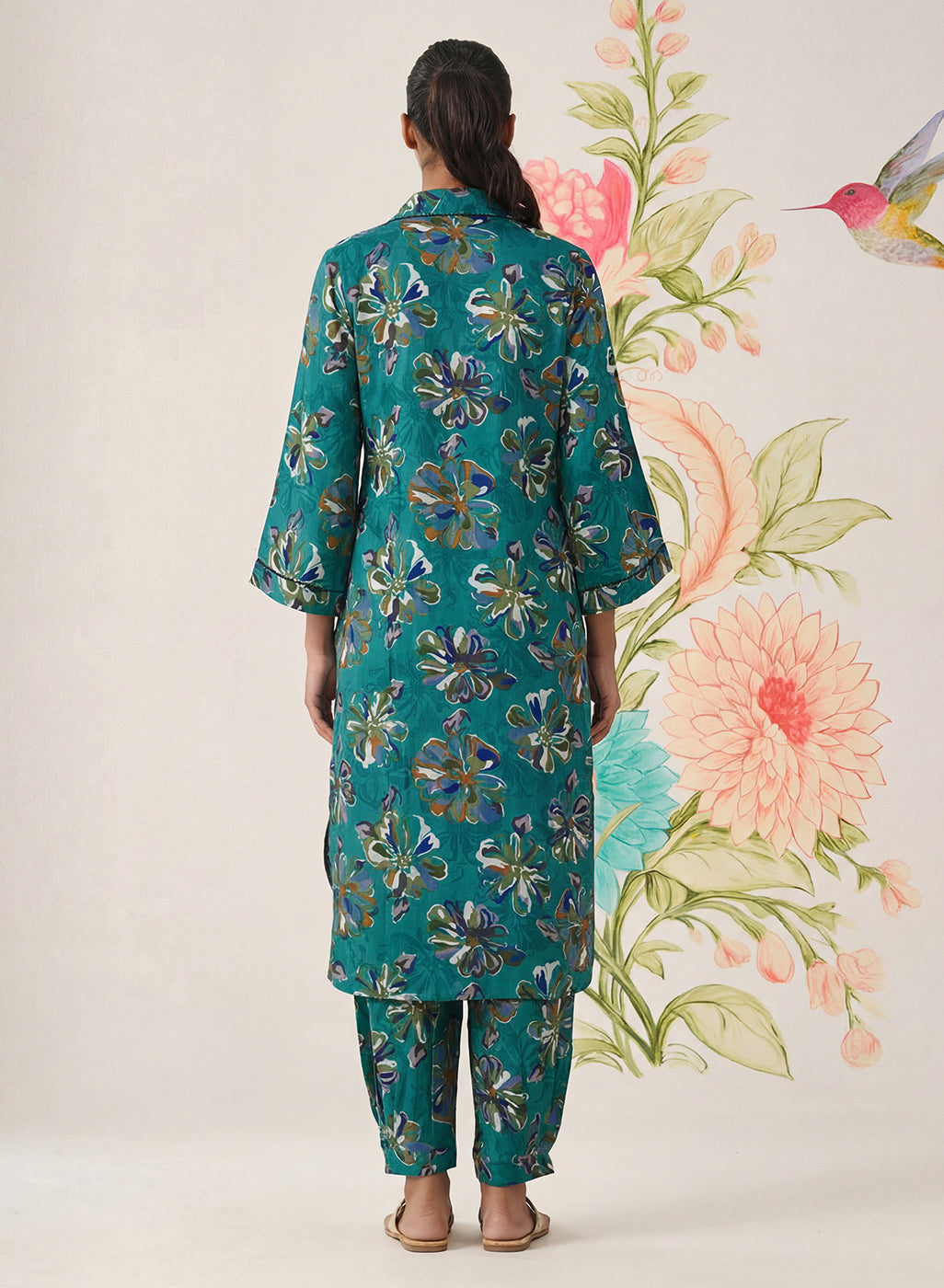 Khumari Teal Printed Cotton Blend Co-ord Set