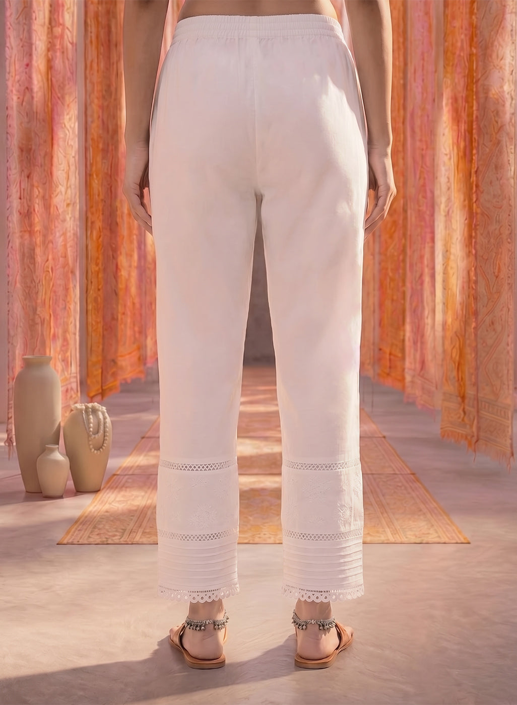 White Lycra Embroidered Straight-Fit Palazzos