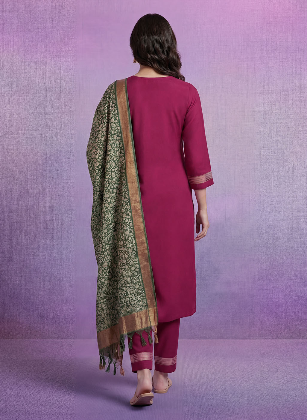 Fuchsia Embroidered Suit Set with contrast Dupatta