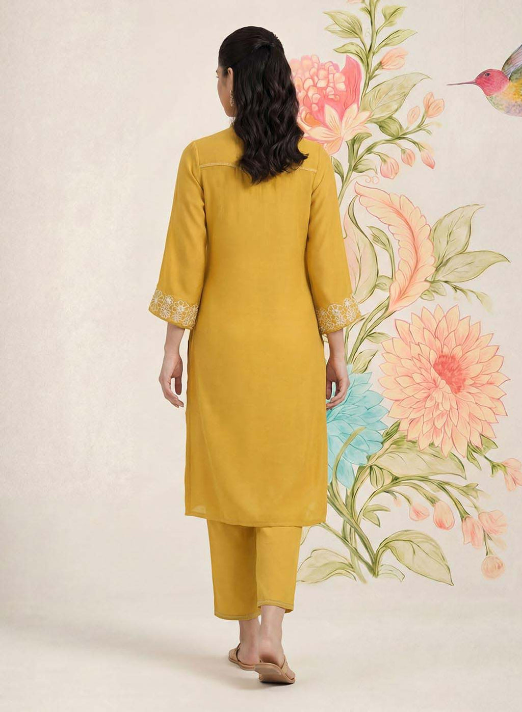 Saroja Yellow Embroidered A-line Kurta Set
