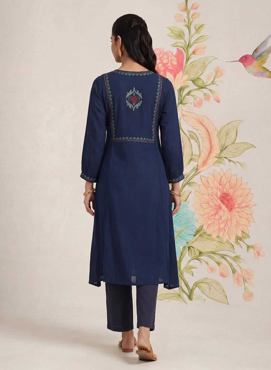 Jugni Navy Embroidered A-line Kurta