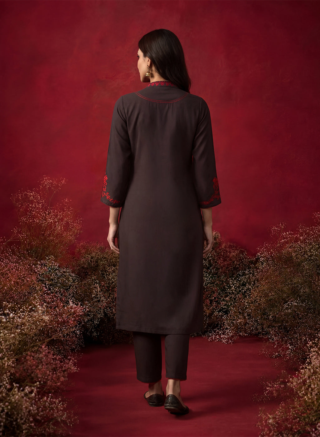 Brown Embroidered Cotton Blend Everyday Kurta