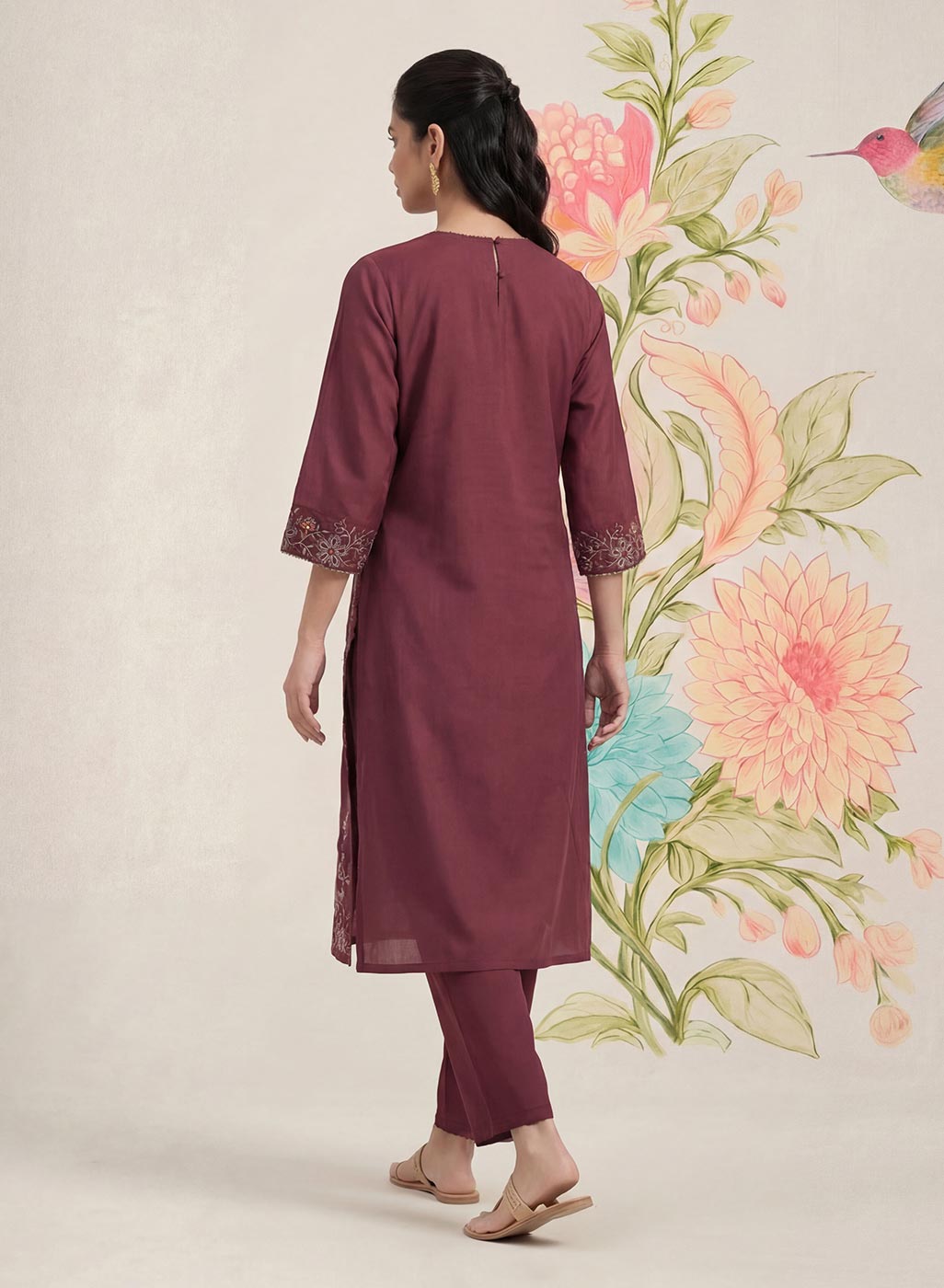 Jogan Maroon Embroidered Chanderi Kurta Set