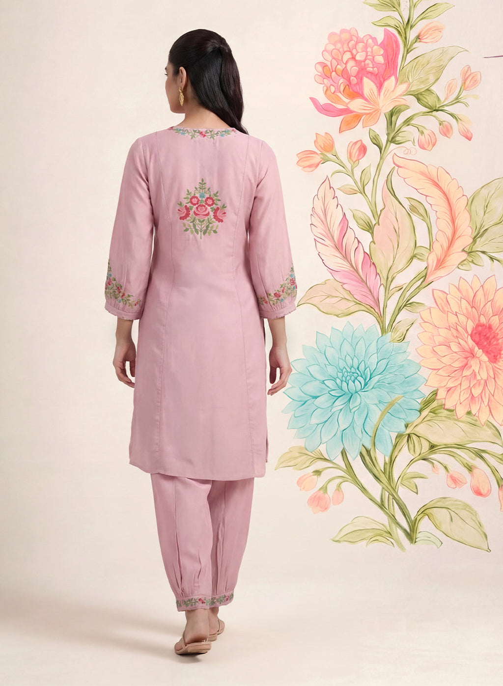 Saavan Pink Embroidered Cotton blend Kurta Set