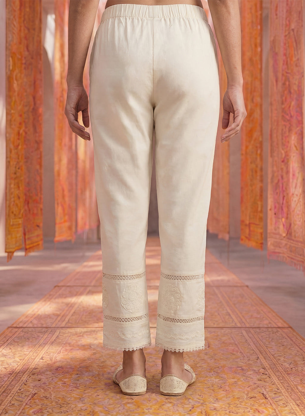 Ivory Lycra Straight Embroidered Palazzo