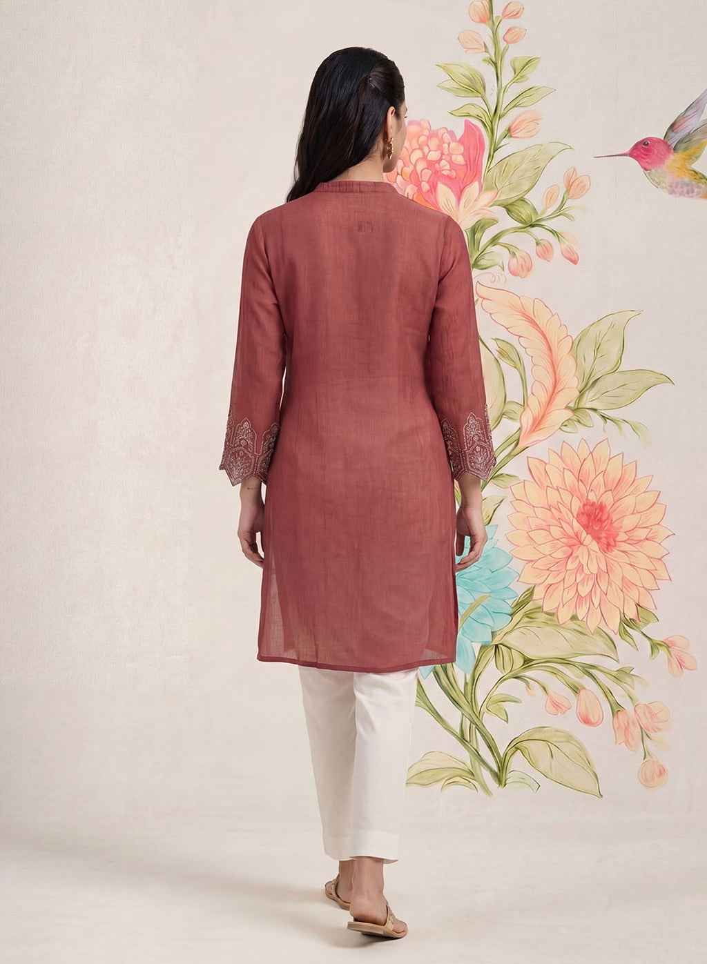 Akshi Red Embroidered A-line Linen-blend Tunic