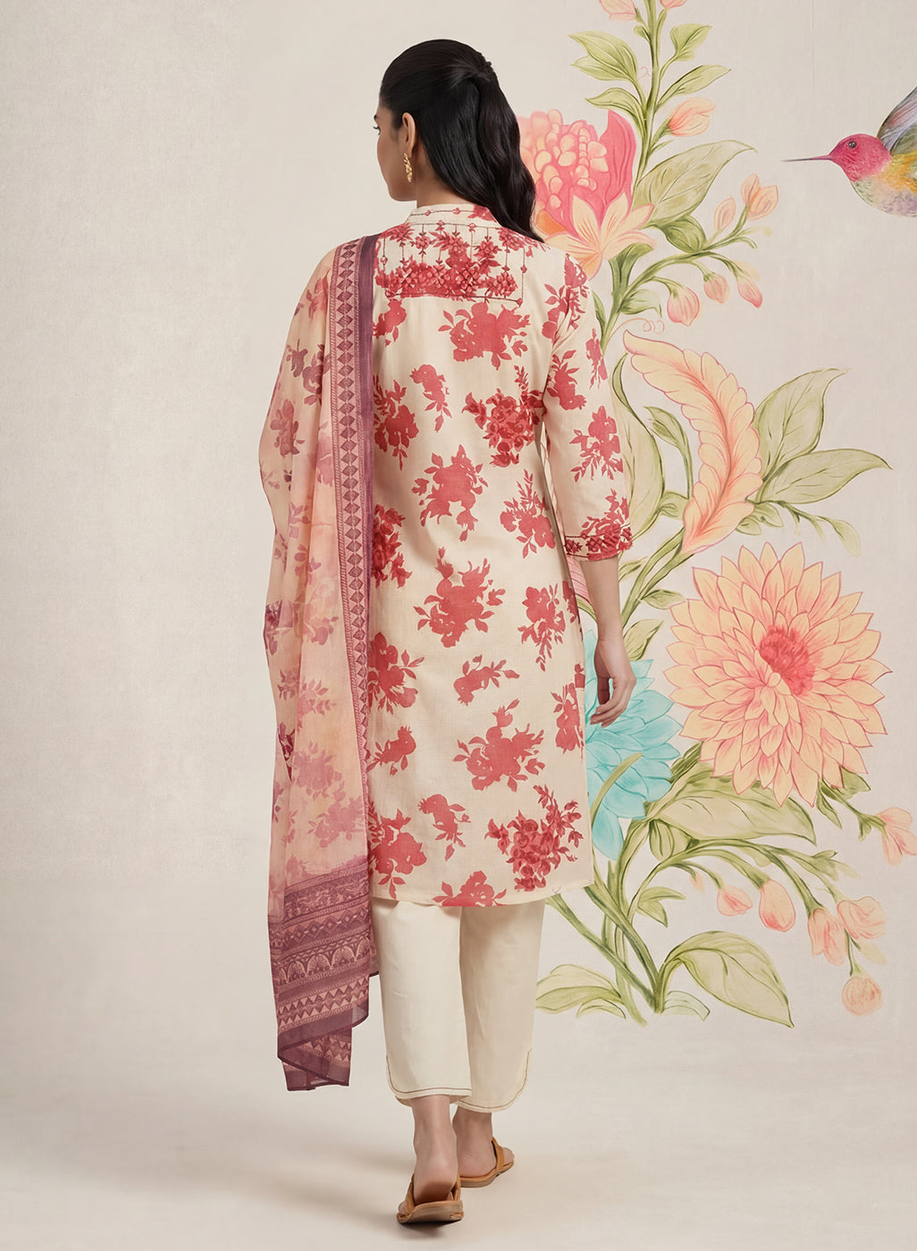 Falguni Red Printed Cotton Suit Set with Dupatta