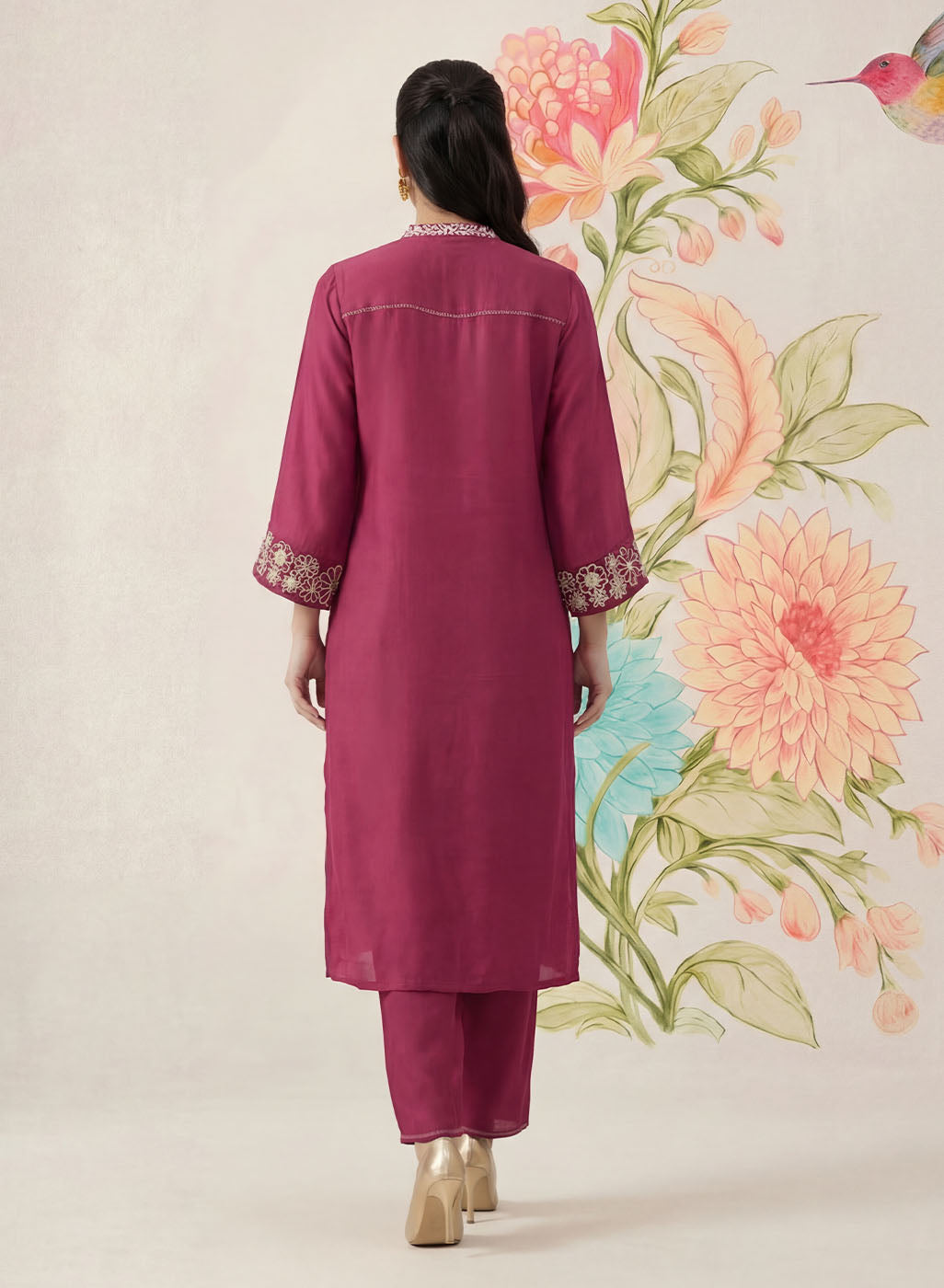Saroja Dark Fuchsia Embroidered A-line Kurta Set
