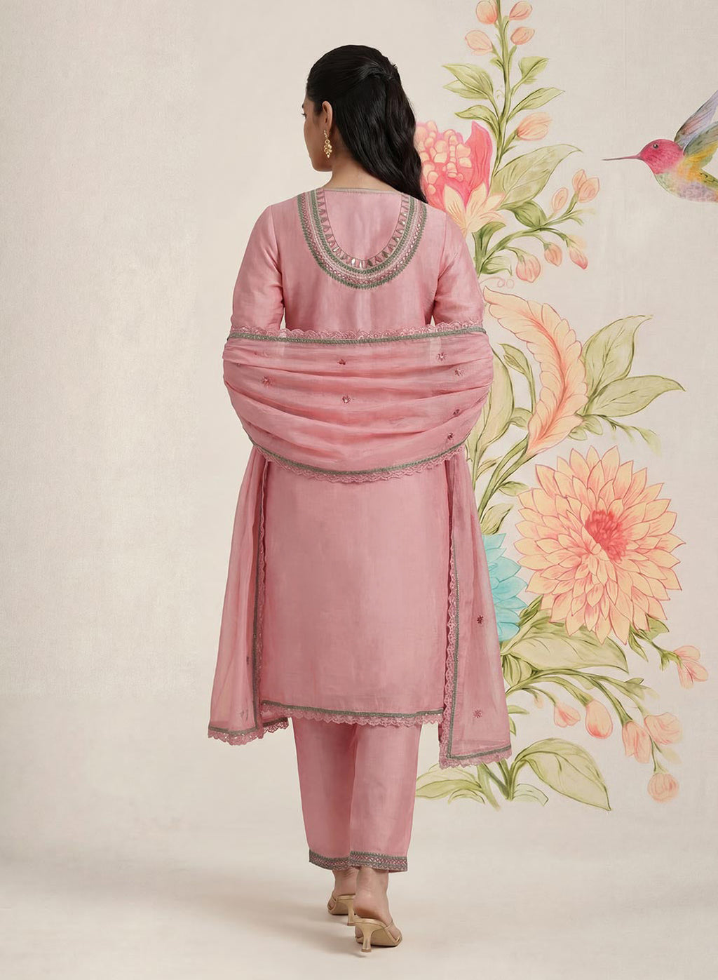 Albeli Baby Pink Embroidered A-line Suit Set with Dupatta