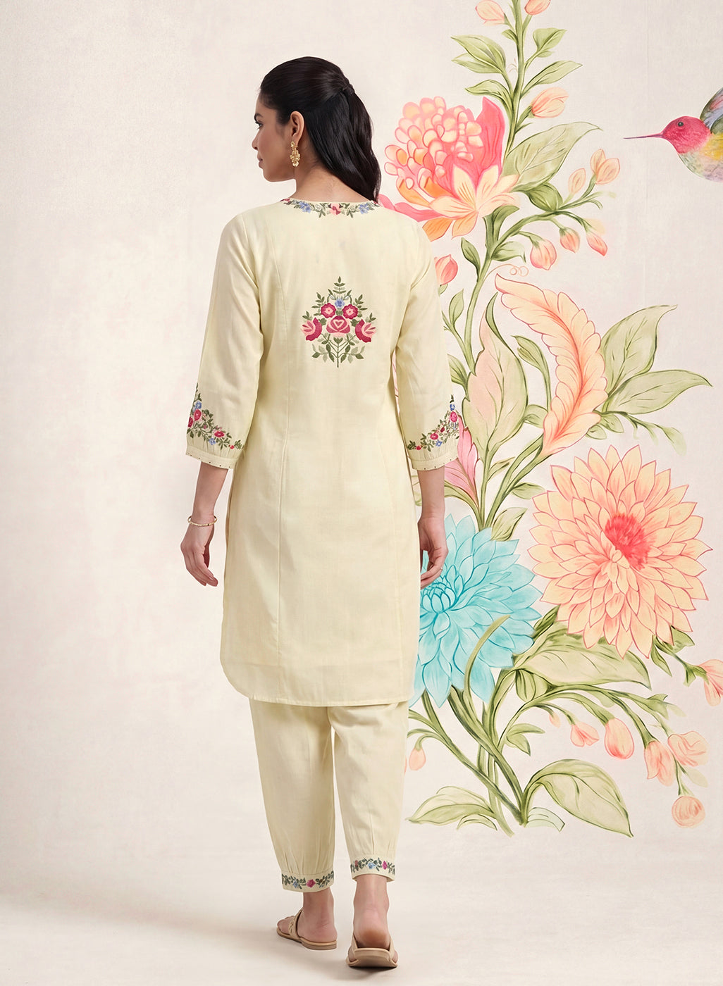 Saavan Light Green Embroidered Cotton blend Kurta Set