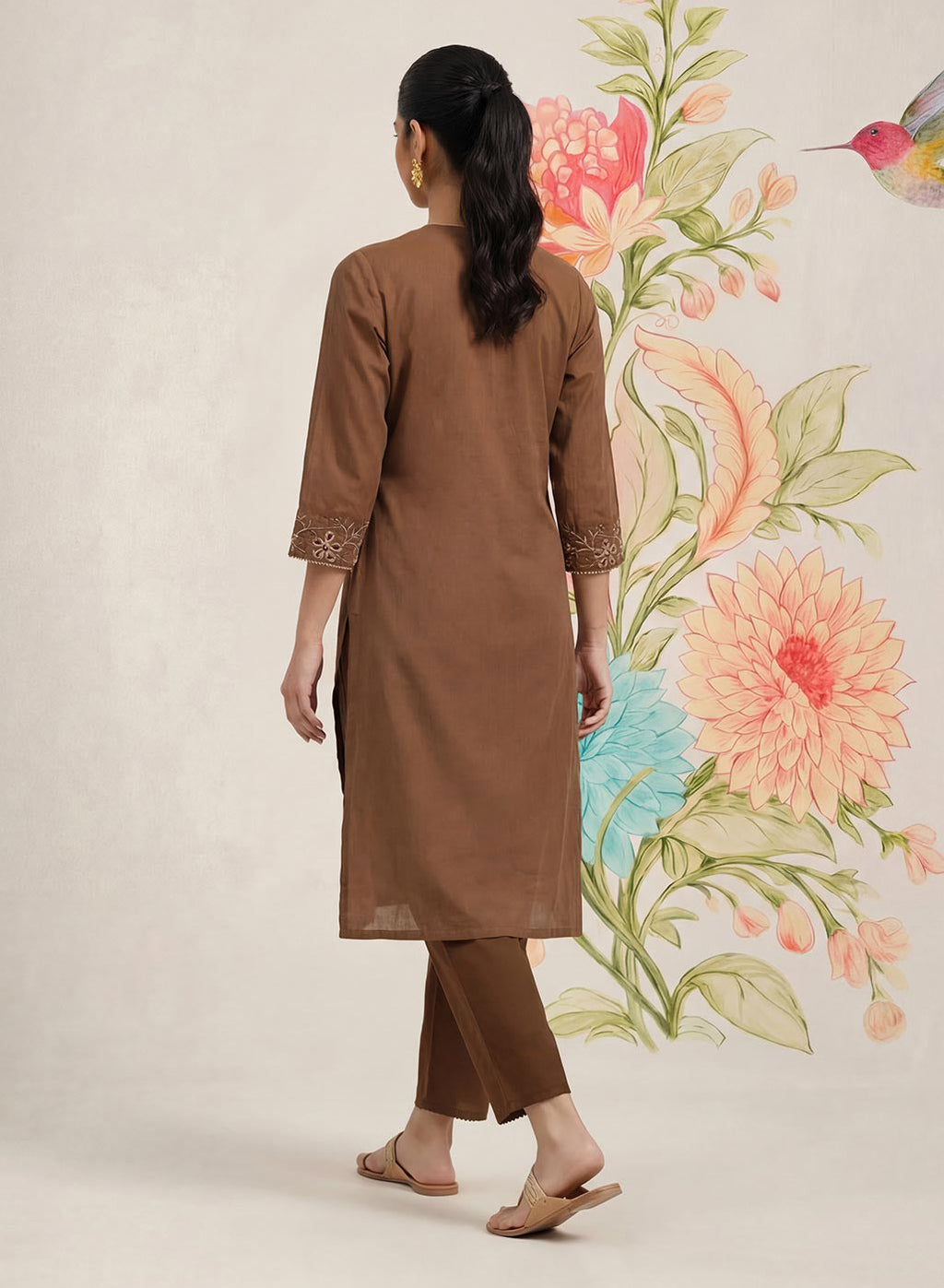 Jogan Brown Embroidered Chanderi Kurta Set