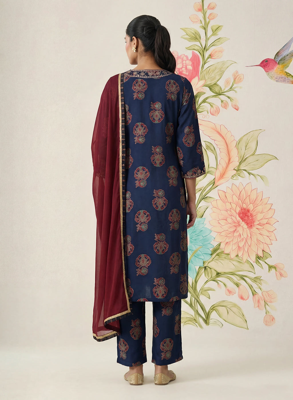 Mehr Navy Printed Cotton Blend Suit Set with Dupatta