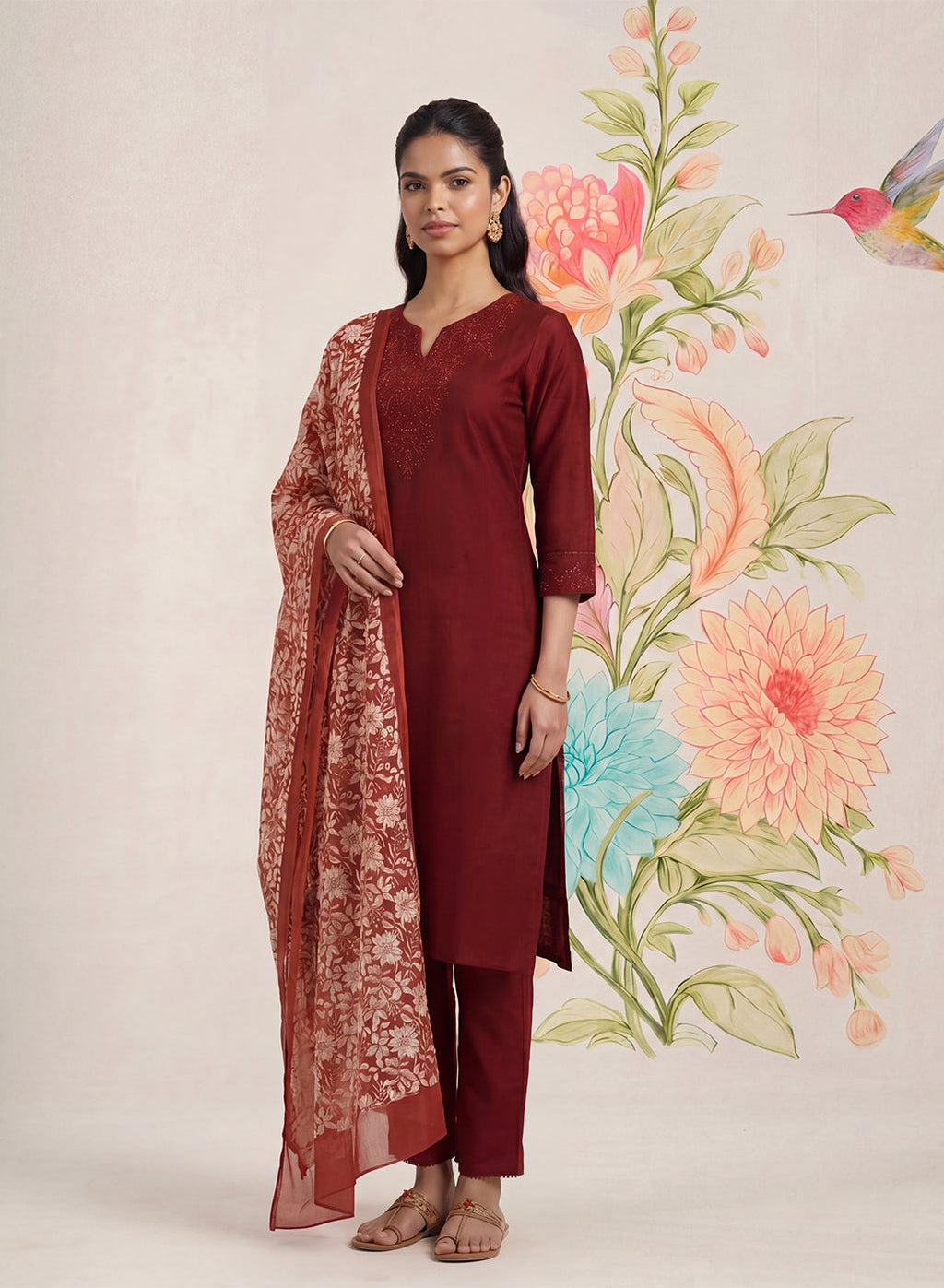 Ragini Maroon Embroidered Straight Suit Set with Dupatta