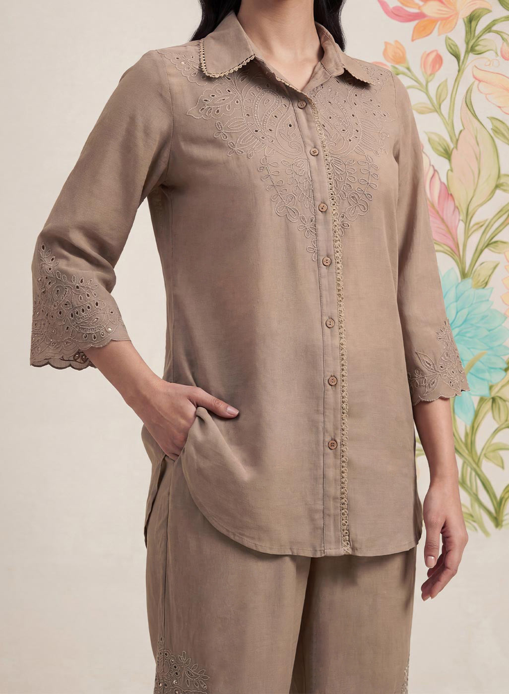 Zoa Beige Monochrome Embroidered Co-ord Set