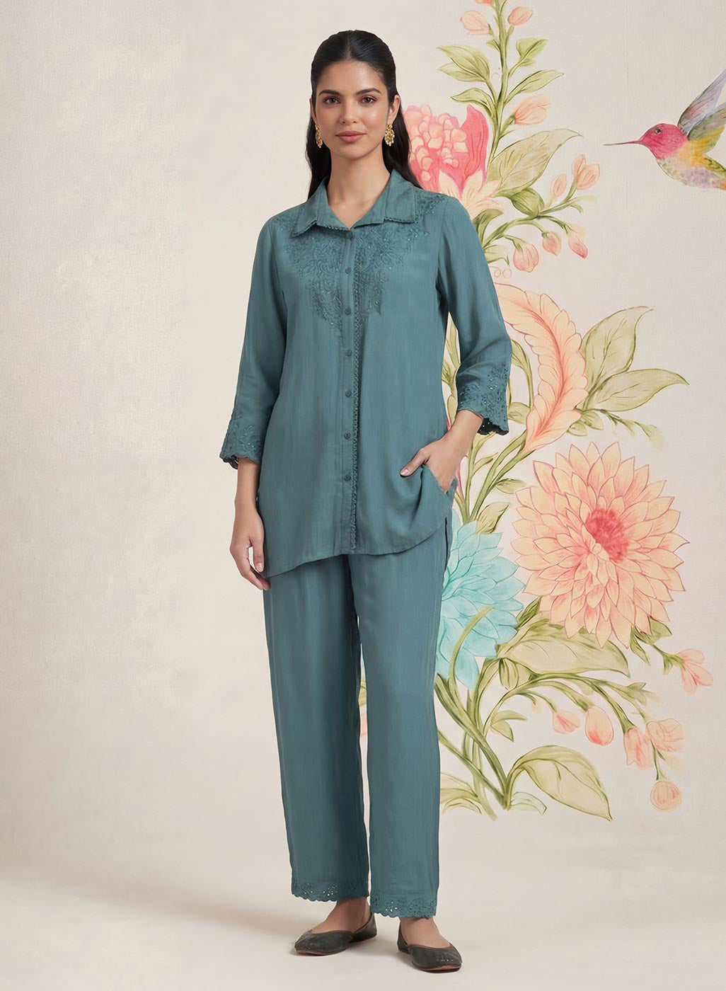 Zoa Teal Monochrome Embroidered Co-ord Set