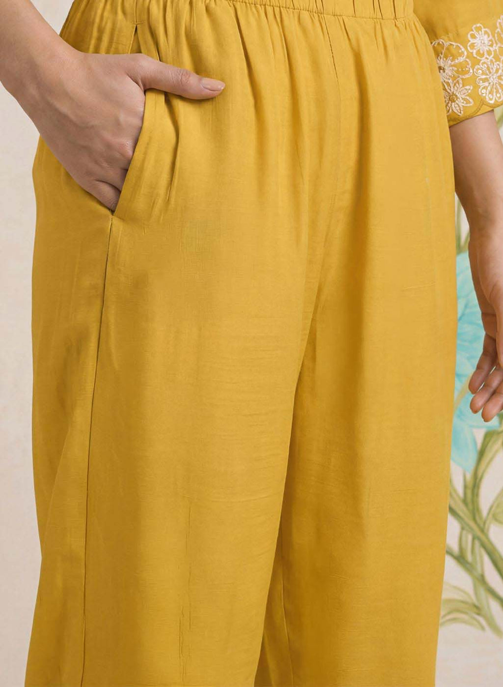 Saroja Yellow Embroidered A-line Kurta Set