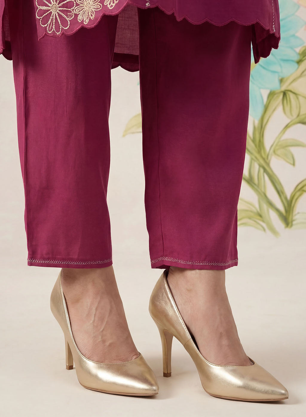 Saroja Dark Fuchsia Embroidered A-line Kurta Set