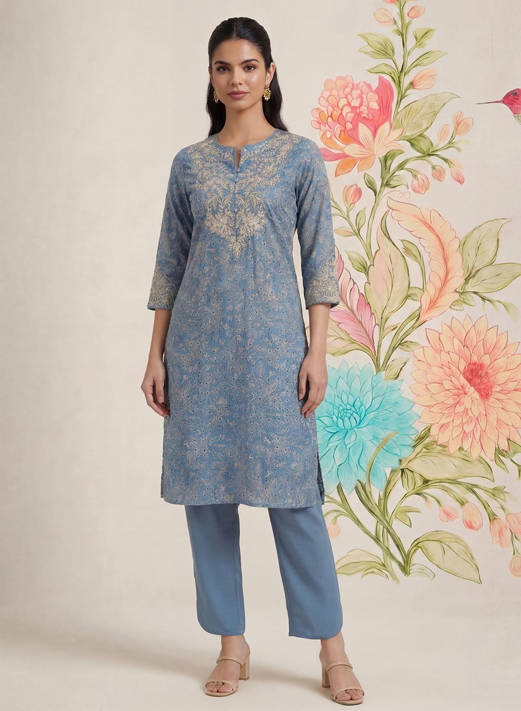 Iraavat Blue Embroidered Cotton Kurta Set