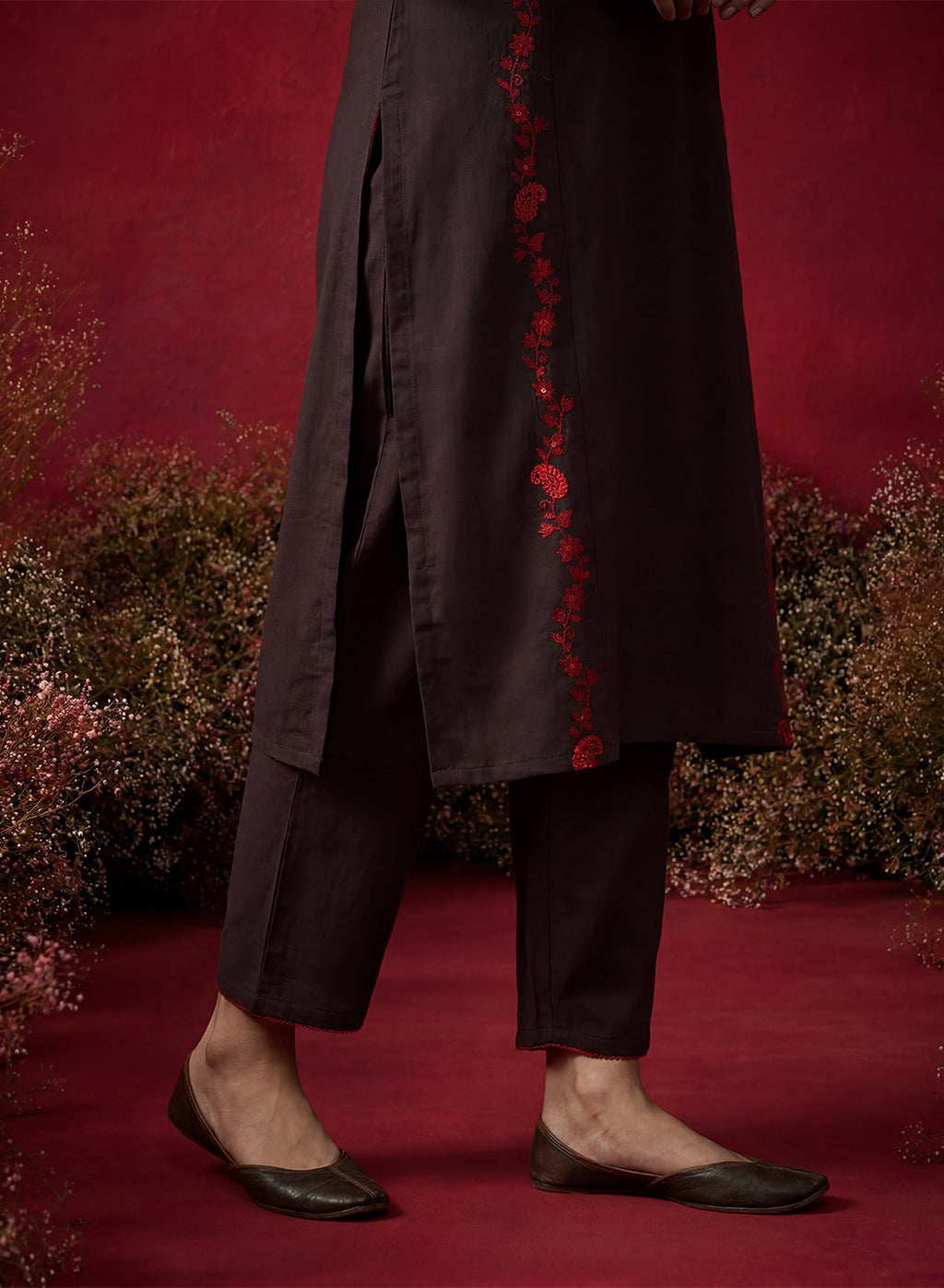 Brown Embroidered Cotton Blend Everyday Kurta
