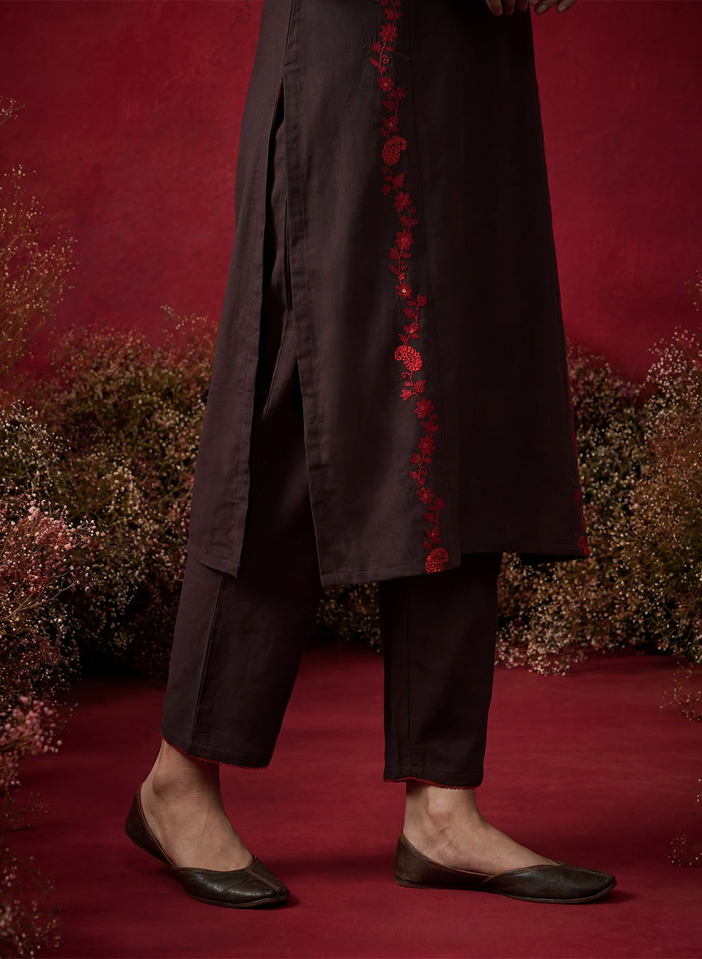 Brown Embroidered Cotton Blend Everyday Kurta