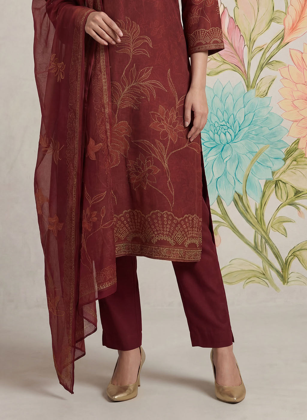 Kasni Maroon Printed Suit Set with Dupatta