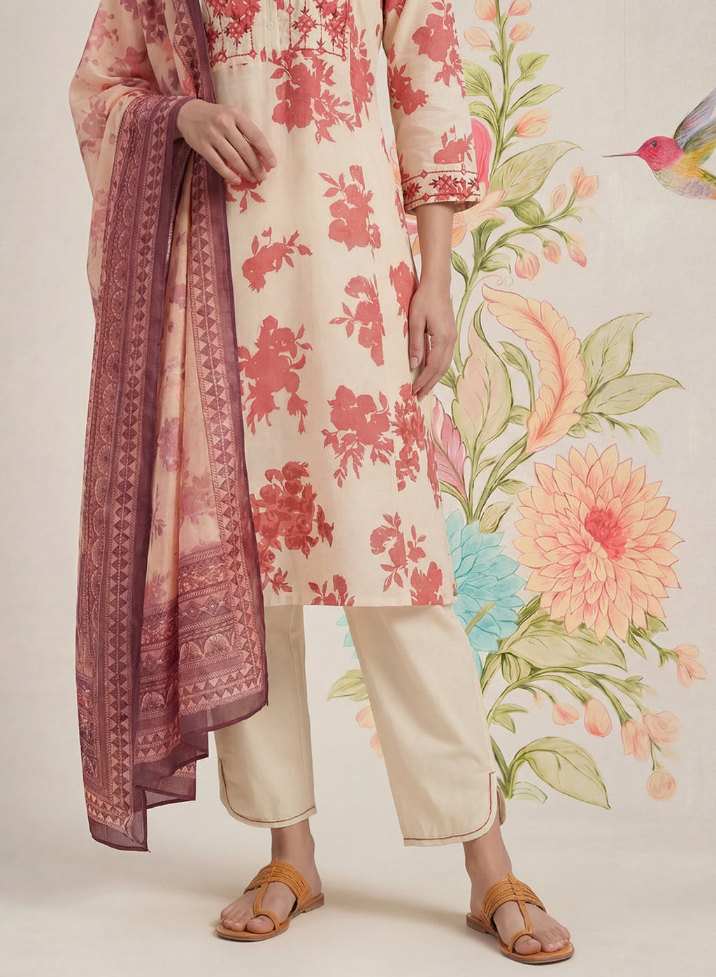 Falguni Red Printed Cotton Suit Set with Dupatta