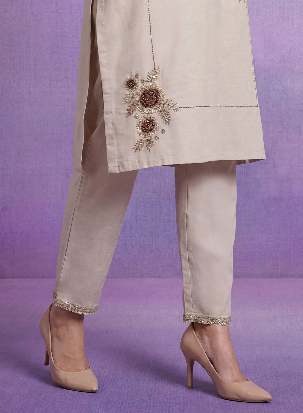 Ivory Cotton Blend Embroidered Kurta Set