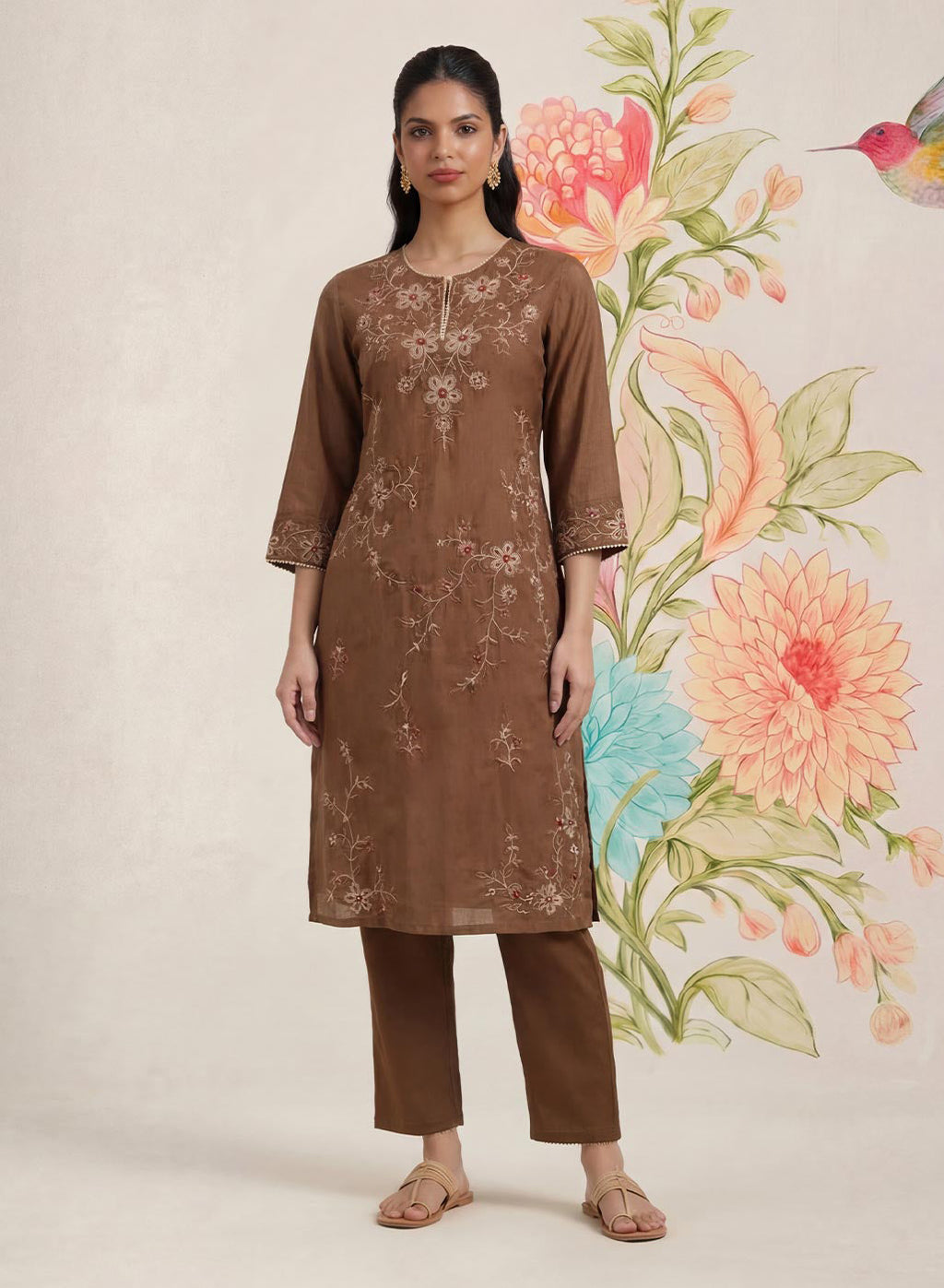 Jogan Brown Embroidered Chanderi Kurta Set