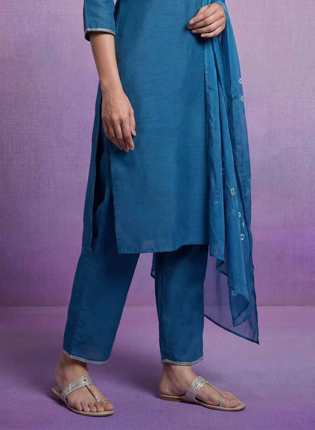 Blue Embroidered Straight Suit Set with Dupatta