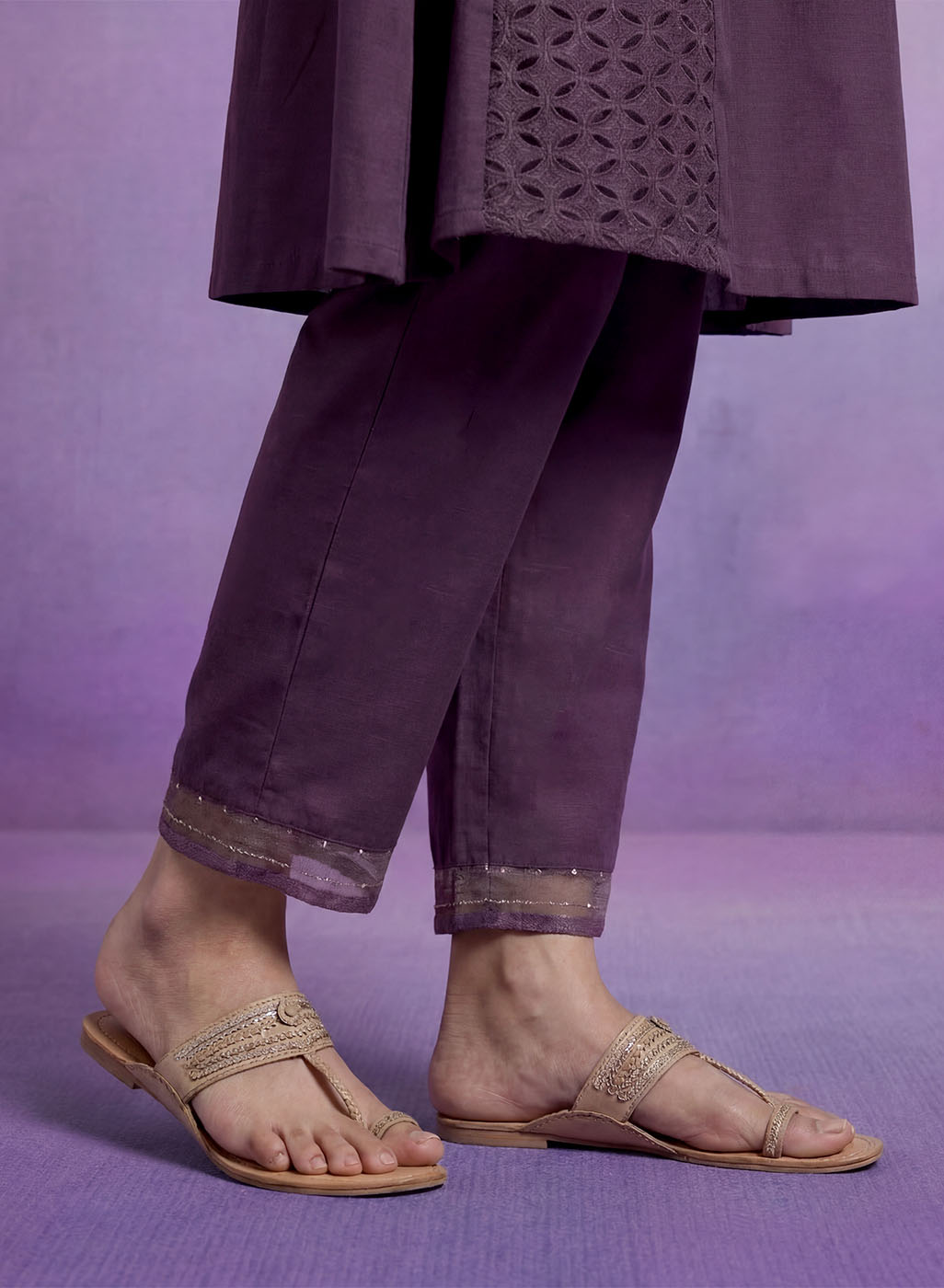 Purple Embroidered A-line Kurta Set